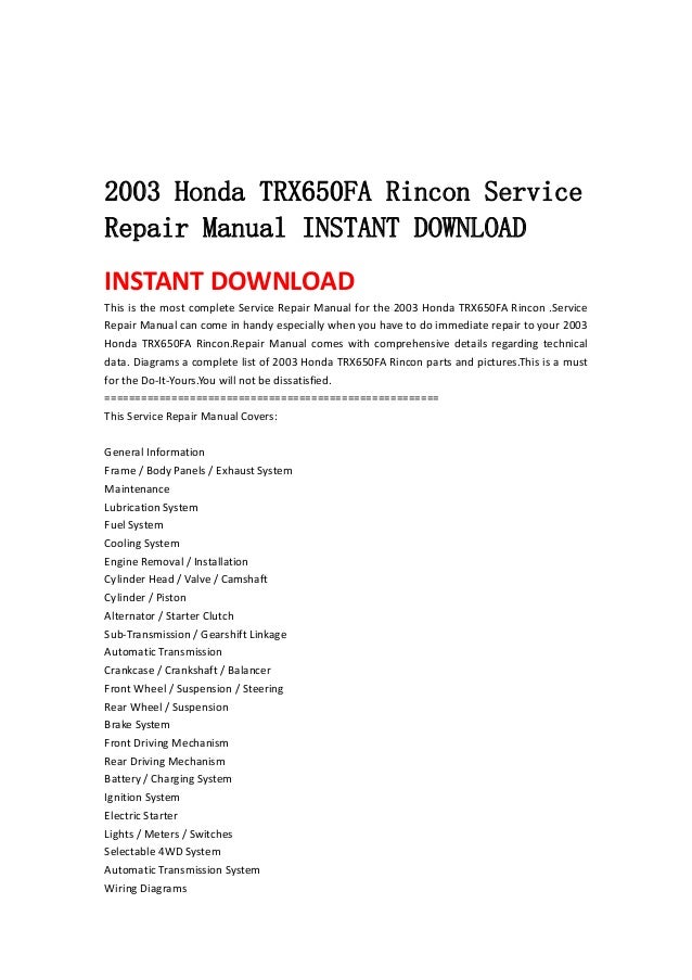 2003 honda rincon 650 wiring diagram yan bibliofem nl \u2022 Honda Recon Snorkel Kit 2003 honda trx650 fa rincon service repair manual instant download rh slideshare net 2003 honda rincon 650 specs 2004 honda rincon 650